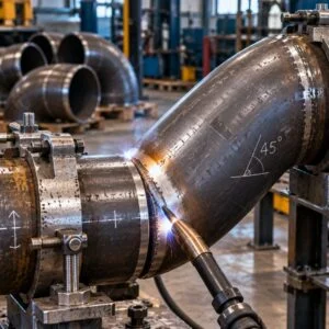 Pipe elbow during welding, showing the curved body and end connection