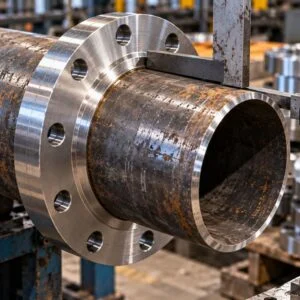 Slip-on flange positioned around a pipe end during inspection