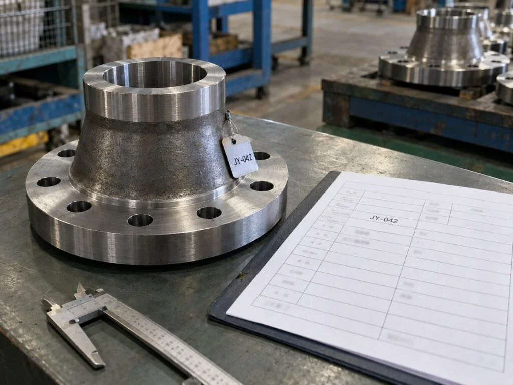 Ilustración de identificación de piezas: componente con brida junto a su registro de inspección y un calibre