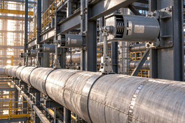 Horizontal spring hangers supporting a large pipe from a structural frame