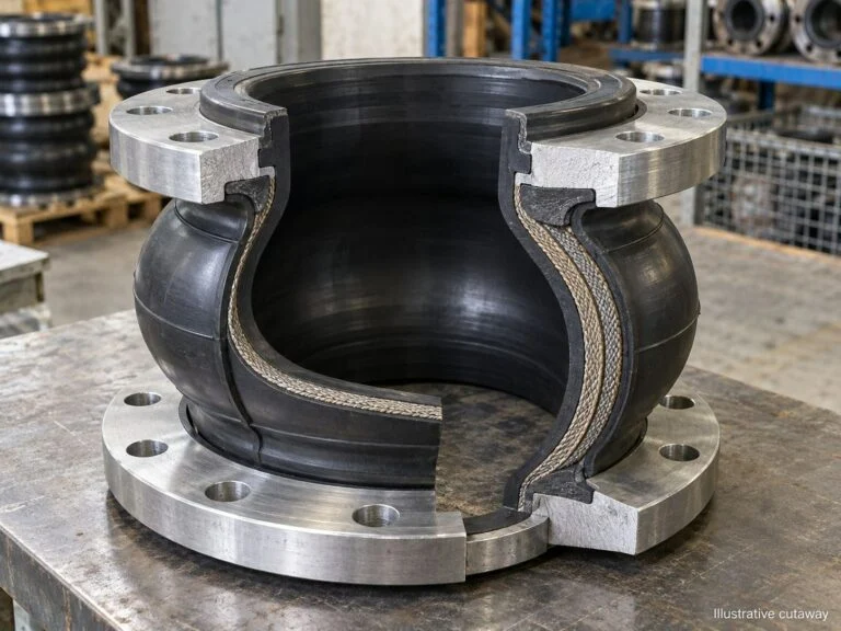 Cutaway illustration of a rubber expansion joint showing reinforced body layers and flanged ends
