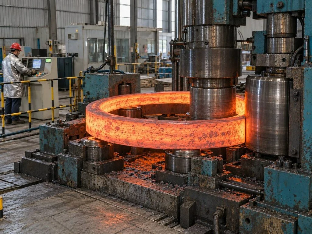 Illustration d’un anneau d’acier chauffé entre les rouleaux de laminage