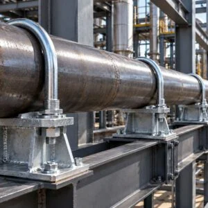 U-bolt pipe supports installed at intervals along a pipeline