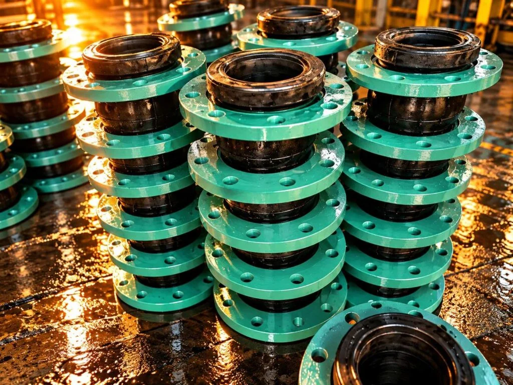 Rubber expansion joints with green flanges arranged in stacks