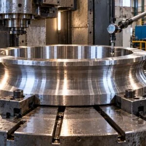Ébauche d’anneau profilé maintenue sur une table de machine pendant l’usinage