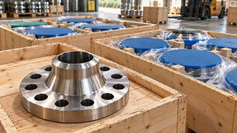 Hình minh họa đóng gói xuất khẩu mặt bích đã gia công, được bảo vệ trong thùng gỗ