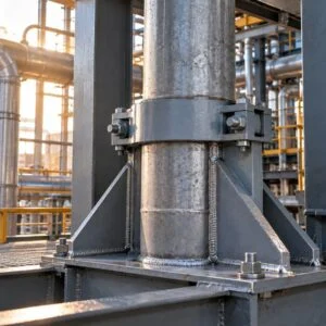 Gusseted riser pipe support showing triangular reinforcing plates