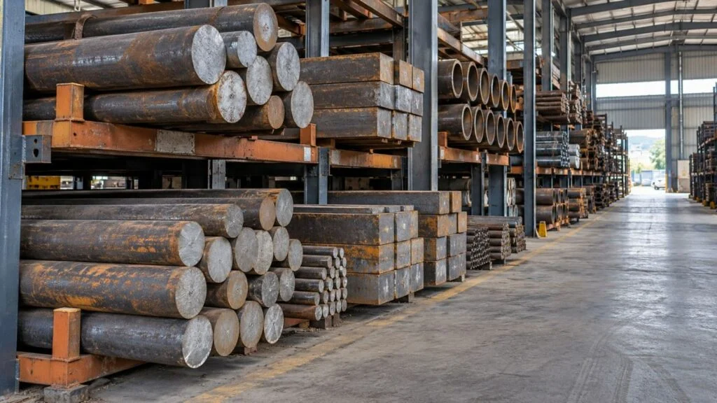 Ilustración de almacenamiento de materiales con barras de acero en estanterías de almacén