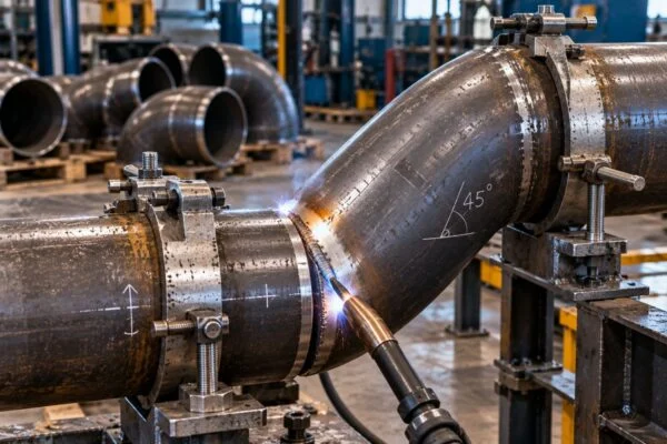 Pipe elbow during welding, showing the curved body and end connection