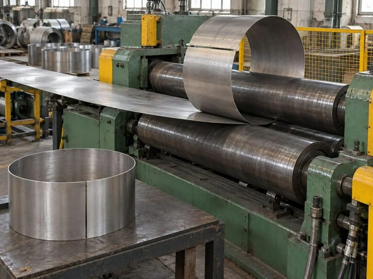 Manway neck rolling illustration showing stainless steel plate at a rolling machine