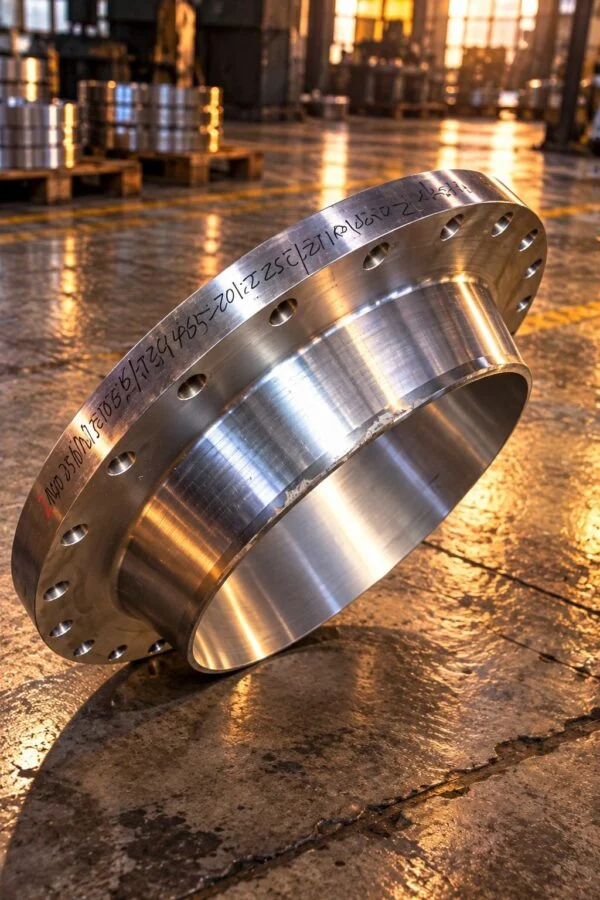 Weld neck flange showing the tapered hub, bore and drilled rim