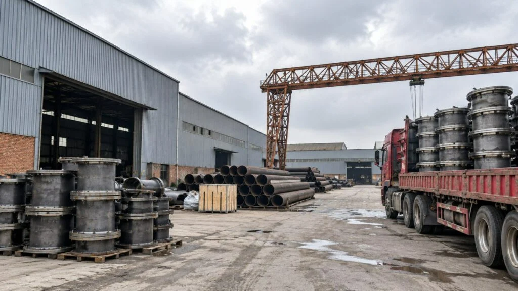 Illustration d’un extérieur d’usine avec ateliers, stockage de tubes et camion de livraison