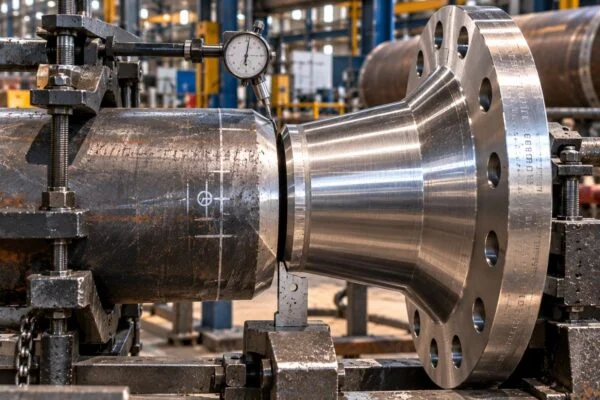 Long weld neck flange fitted to a pipe end during inspection