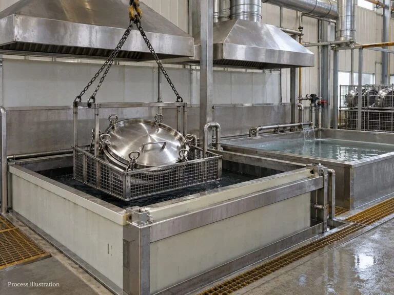 Stainless steel cleaning and passivation illustration showing a manway above a treatment tank