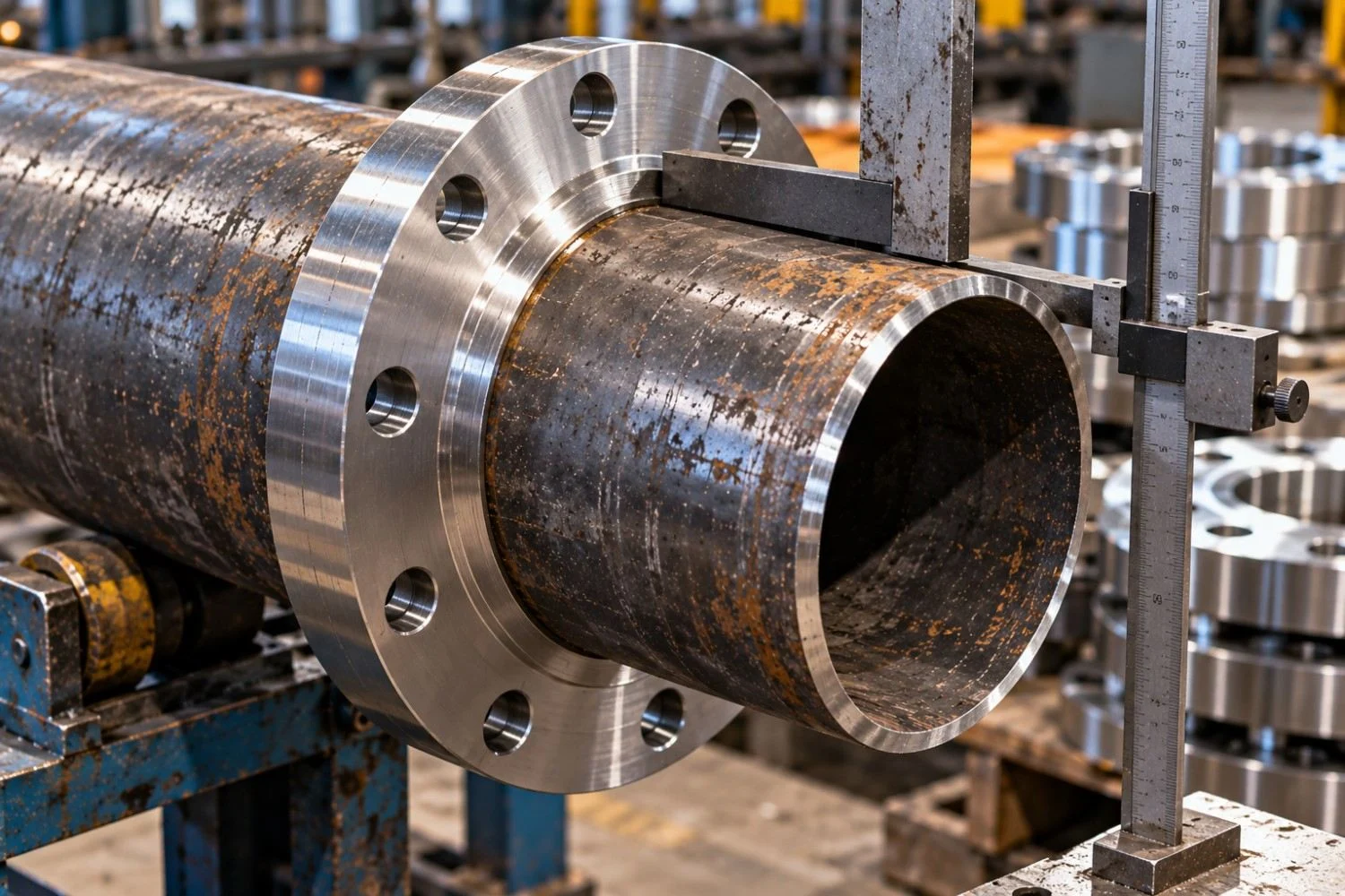Slip-on flange positioned around a pipe end during inspection