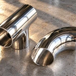 Two 90 degree pipe elbows showing the open bores and curved profiles