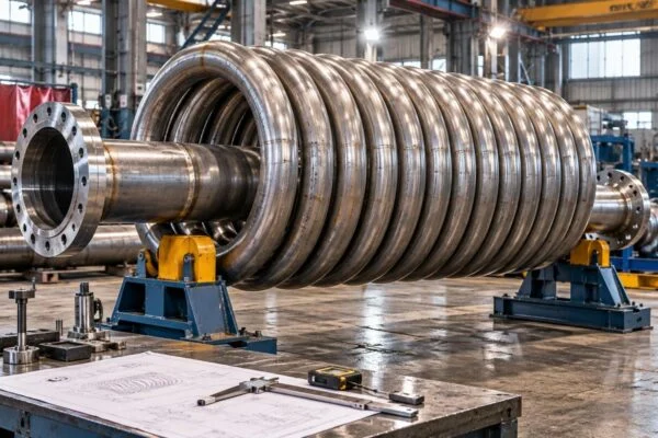 Coiled pipe assembly showing closely spaced turns and a flanged connection
