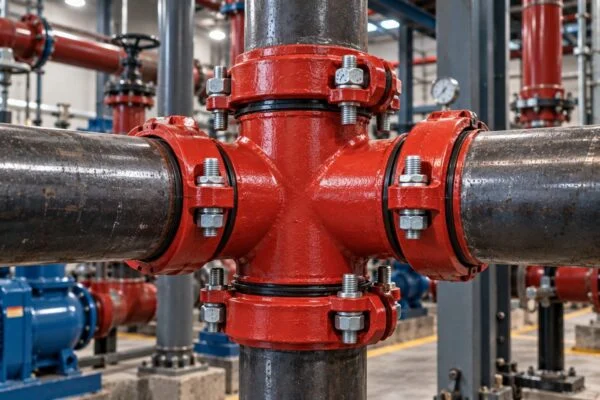 Croix rainurée montrant son corps à quatre voies et ses manchons boulonnés