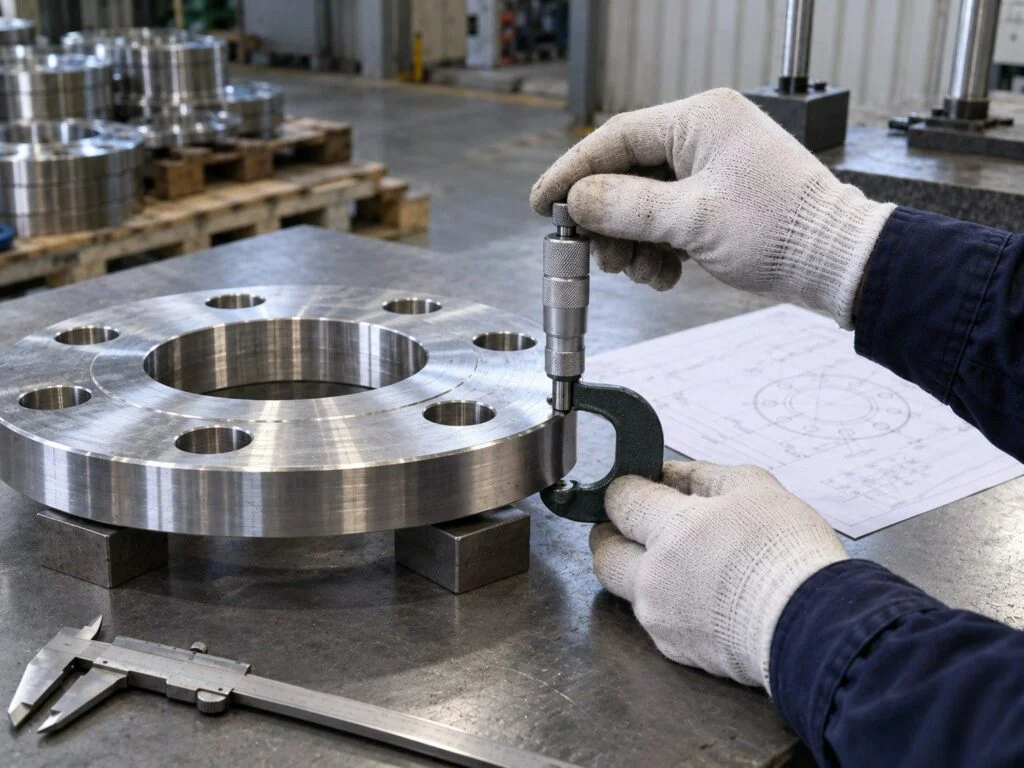 Minh họa kiểm tra phụ kiện theo yêu cầu bằng panme đo chiều dày bích