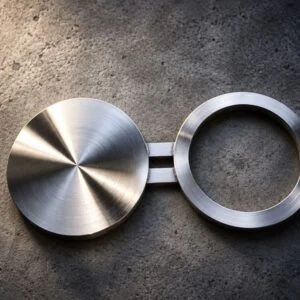 Brida de gafas con disco macizo y anillo espaciador abierto unidos por un puente